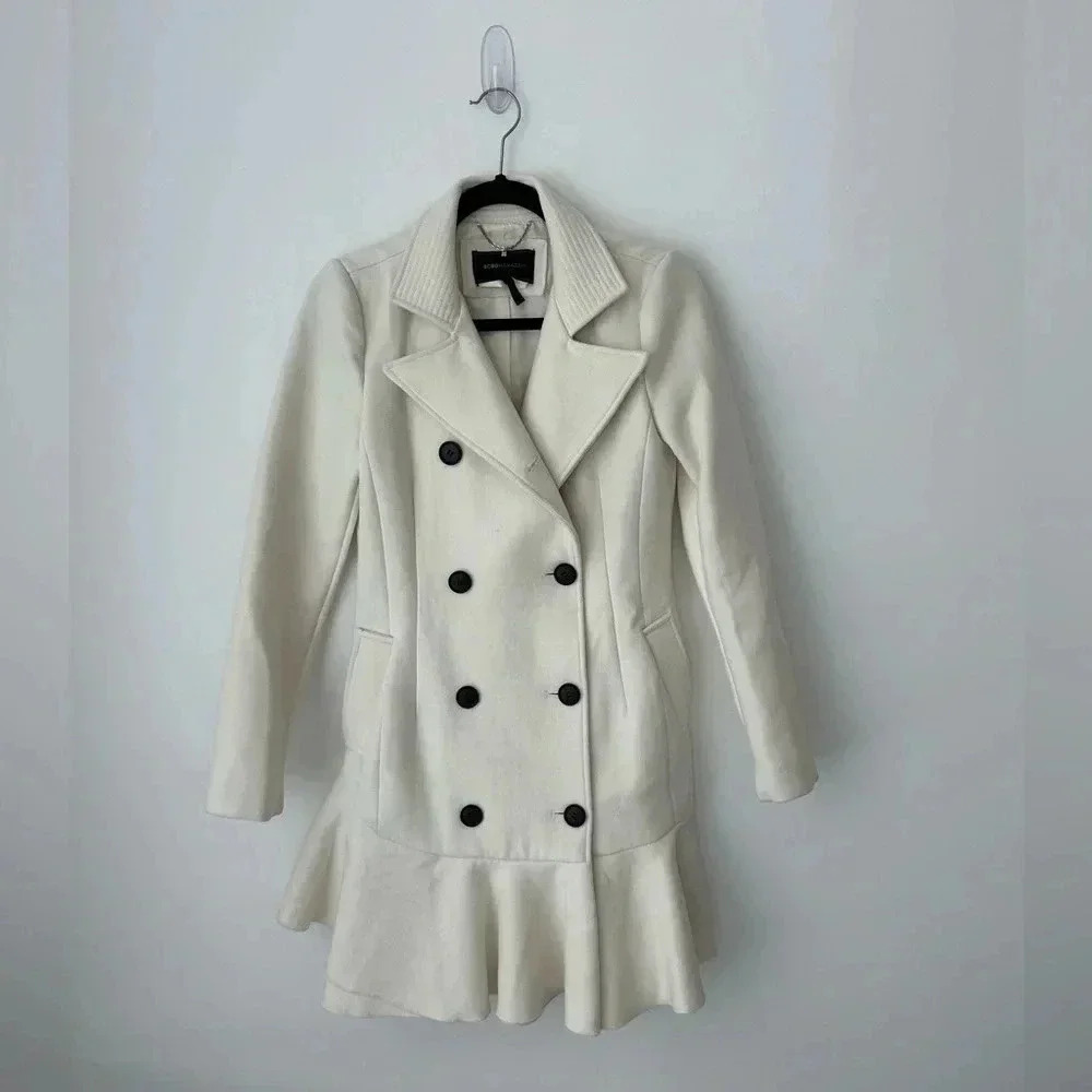 BCBG MaxAzria Ivory Wool Peplum Peacoat Double Breasted Ruffle Hem Coat XS